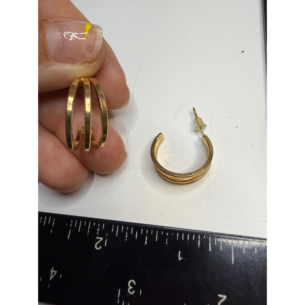 Gold Tone Triple Band Hoop Earrings Multi Strand C-Shape Pierced Posts